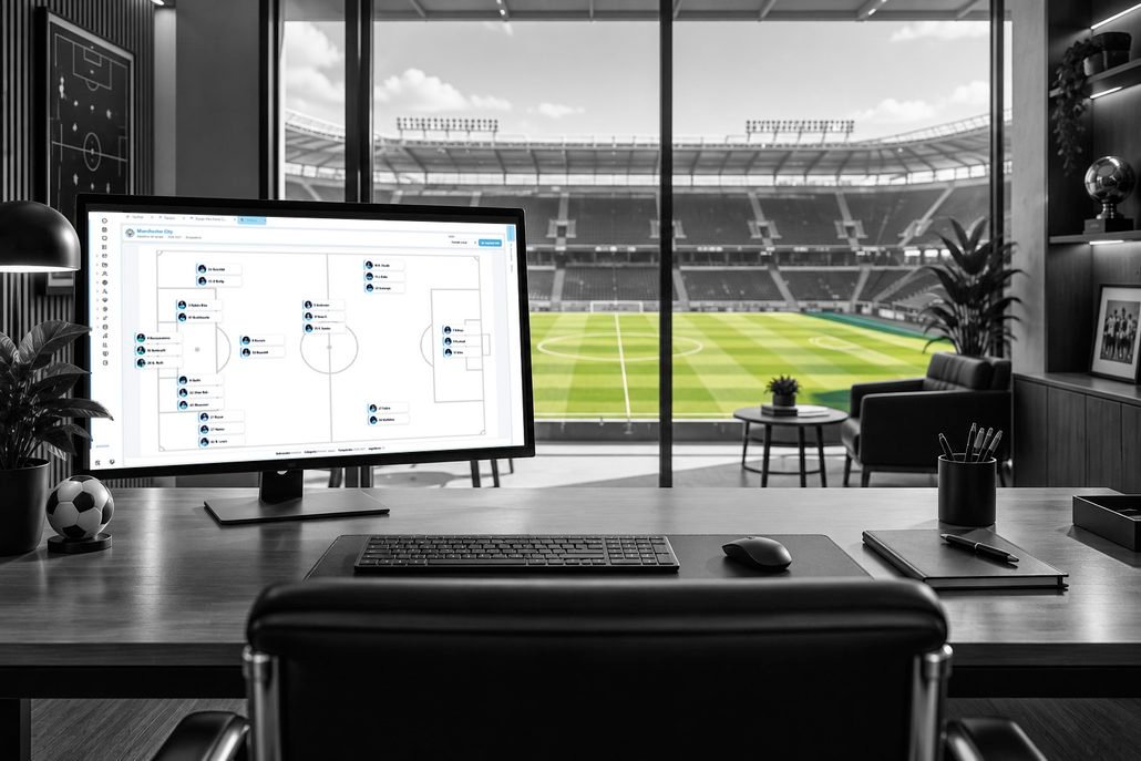 portada del artículo, despacho sobre campo de futbol, con pc con alineaciones, gestión de clubes de fútbol